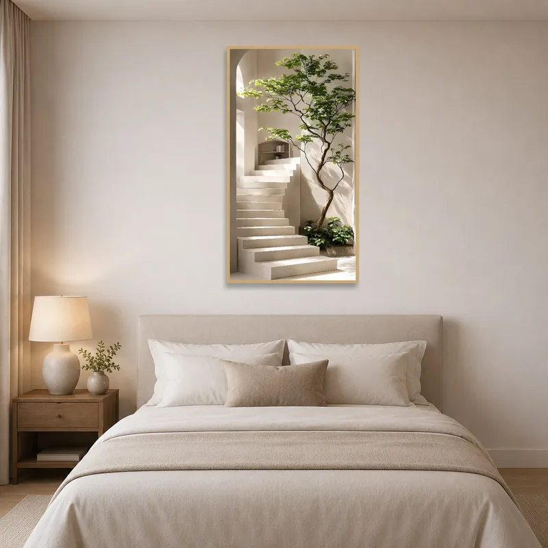 Bedroom with calming staircase scene and lush greenery wall art.
