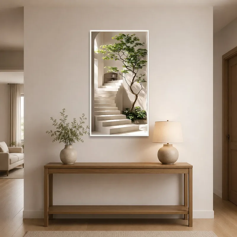 Entrance hall features a staircase and lush green artwork on display.