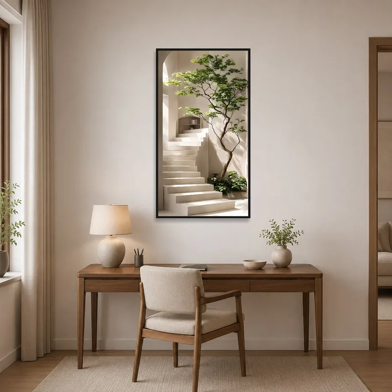 Home office styled with a staircase artwork featuring verdant plants.