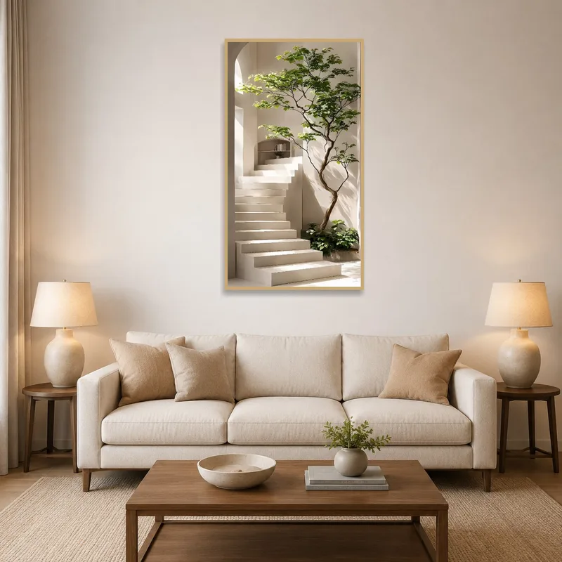 Art print of staircase with greenery hanging in a modern living room.