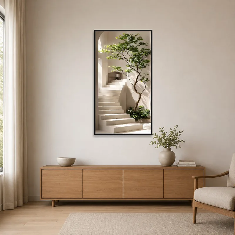 Simple room with a staircase and greenery art print on a white wall.