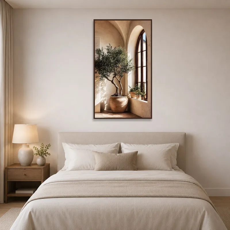 Peaceful olive tree print bringing relaxation to a bedroom.