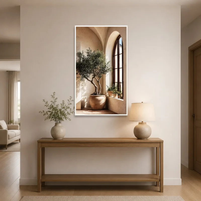 Olive tree artwork creating a soothing entrance hall vibe.