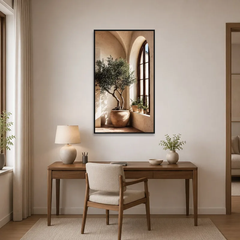 Sunlit corner print inspiring creativity in a home office.