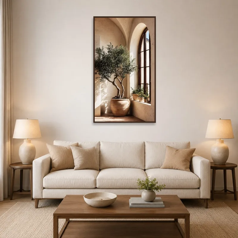 Olive tree print enhancing a calm and welcoming living room.