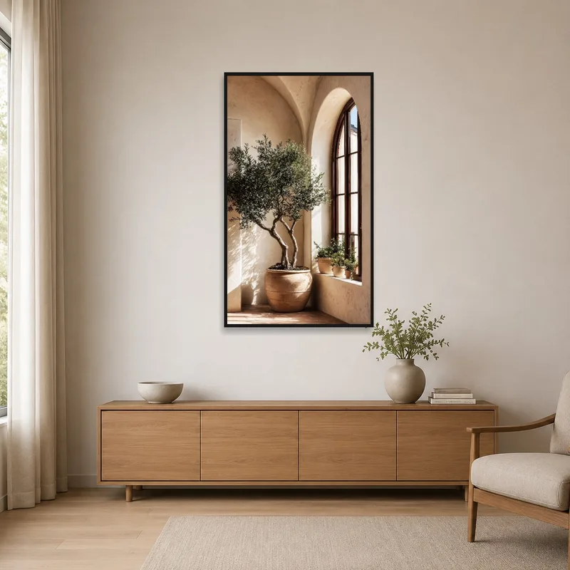 Sunlit corner print adding tranquility to a minimalist space.