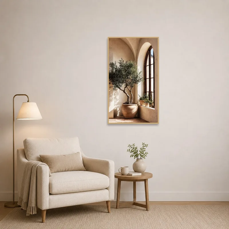 Serene sunlit artwork uplifting a cozy reading corner.