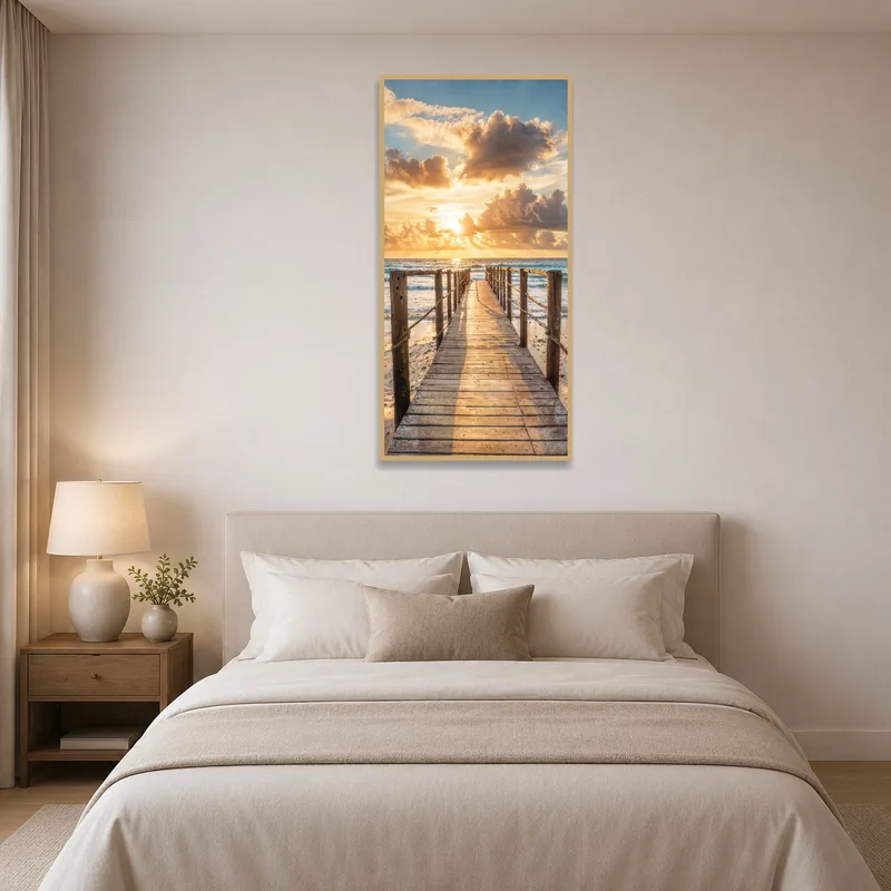 Bedroom adorned with serene sunset boardwalk painting.