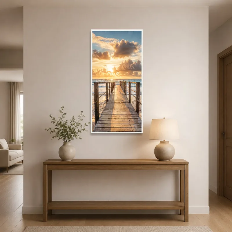 Entrance hall featuring sunset ocean boardwalk art piece.