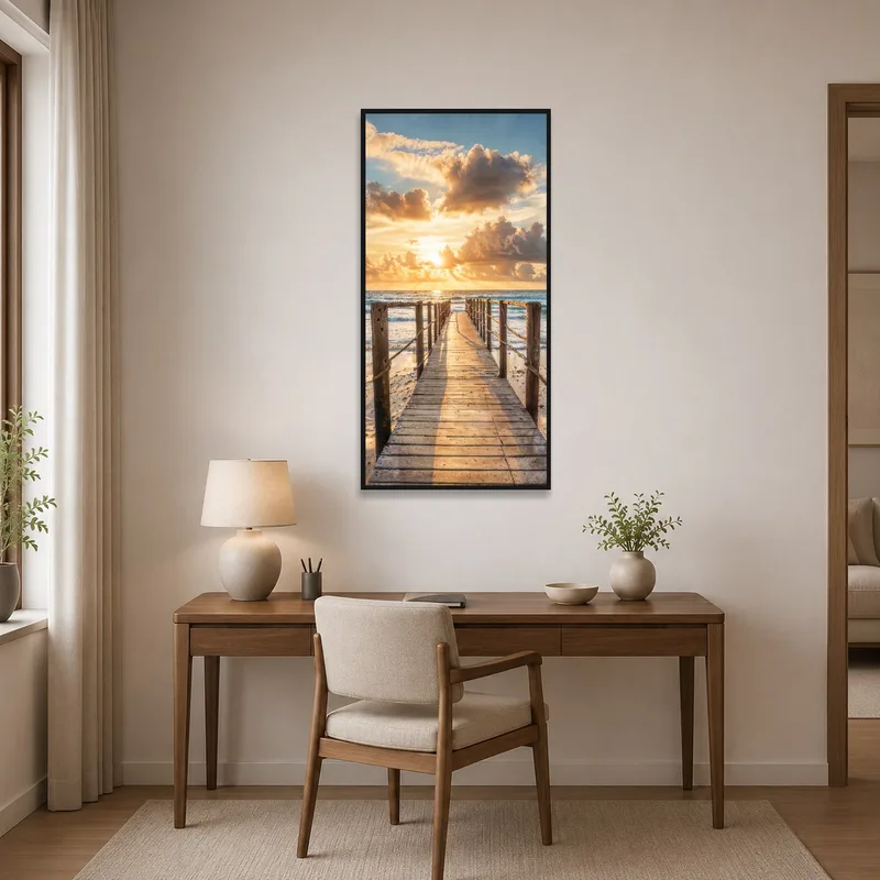 Home office enhanced by tranquil sunset boardwalk piece.