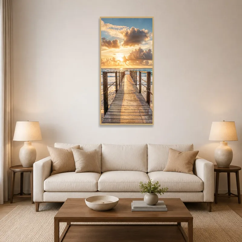 Living room with serene sunset boardwalk art above sofa.