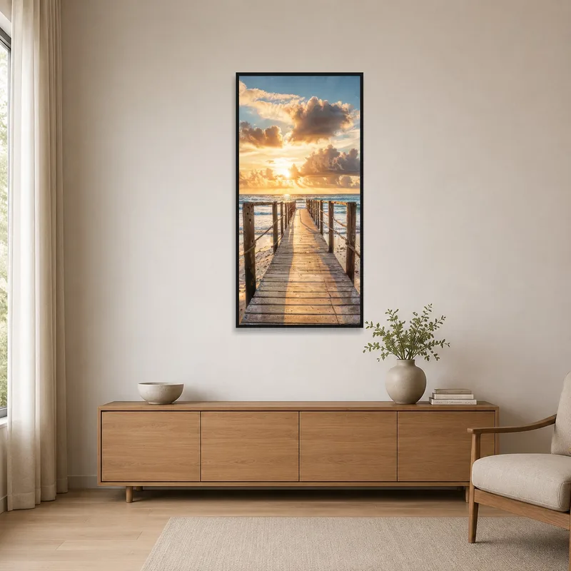 Minimalist room showcasing sunset boardwalk art.