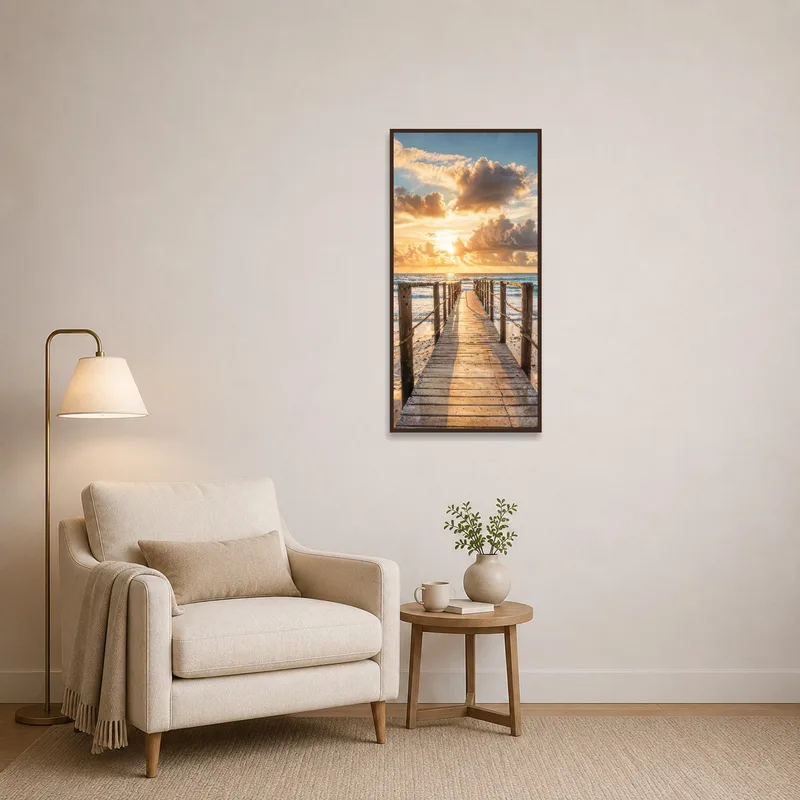 Reading corner complemented by sunset boardwalk art.