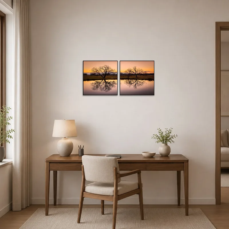 Serene sunset art offering inspiration in a tidy home office.