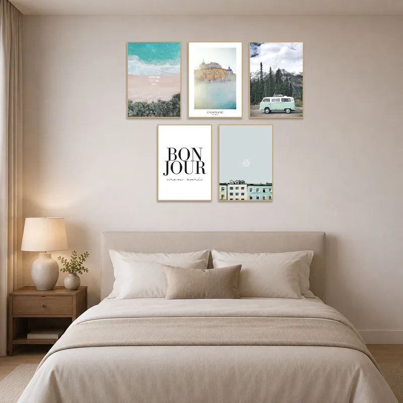 Serene travel art complementing a bedroom atmosphere.