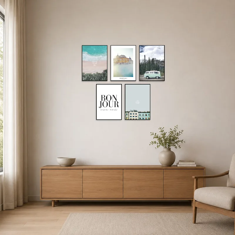 Clean lines and text art in a minimalist room setting.