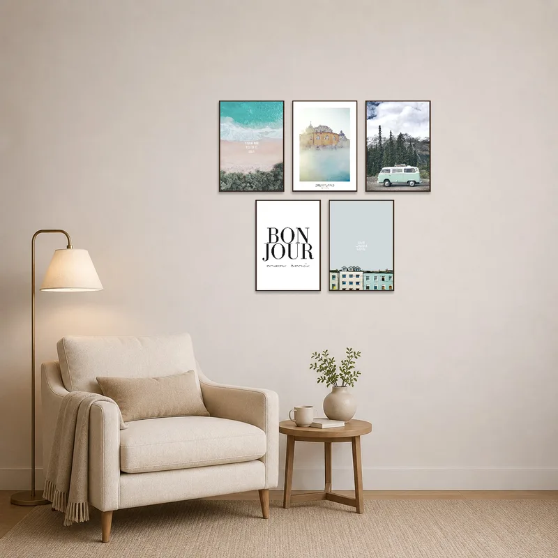 Peaceful travel art set enhancing a reading corner.