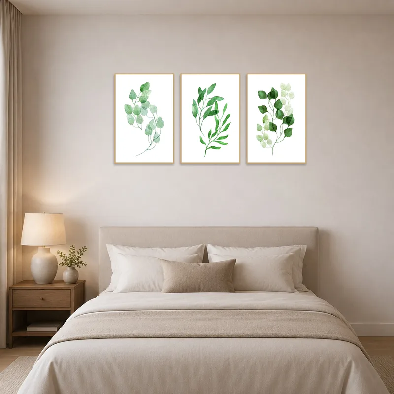 Greenery triptych brings serenity to the bedroom wall.