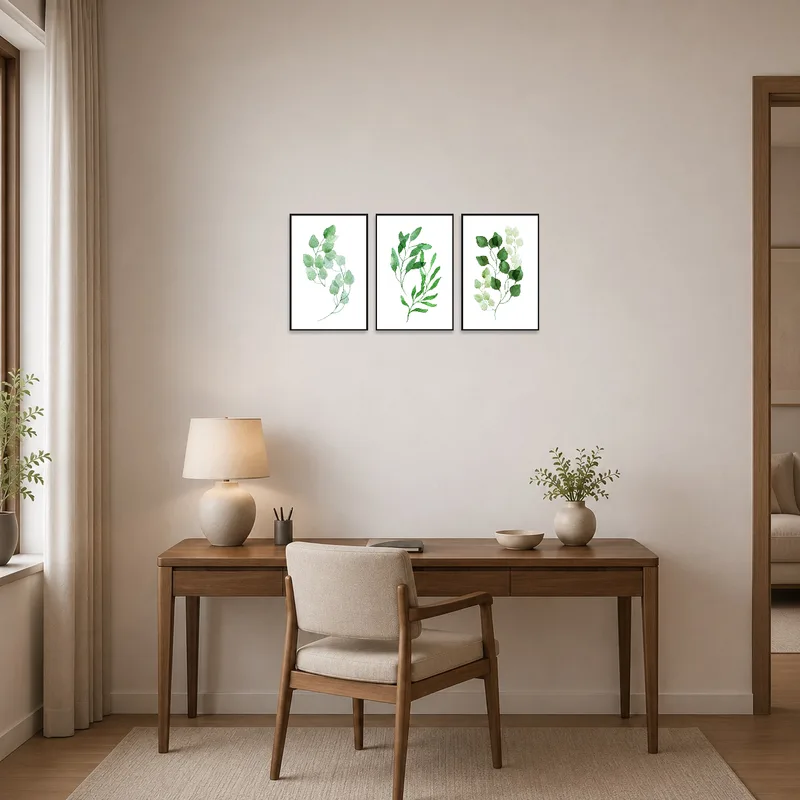 Botanical triptych inspires productivity in the home office.