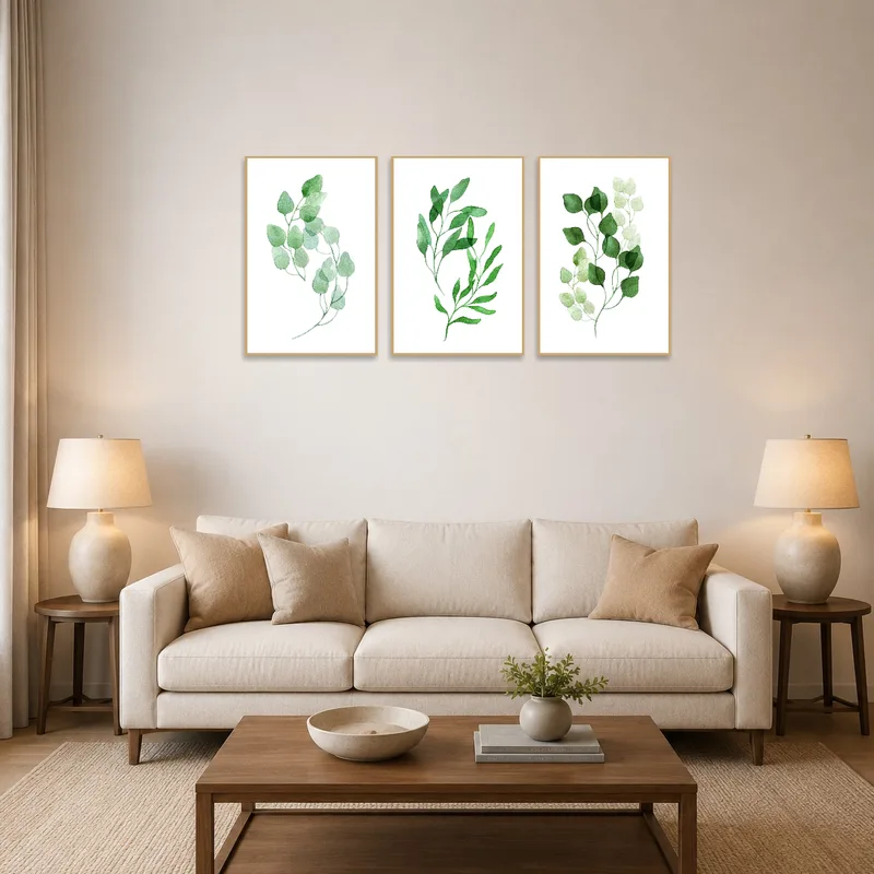 A triptych of watercolor greenery adds tranquility above a sofa.