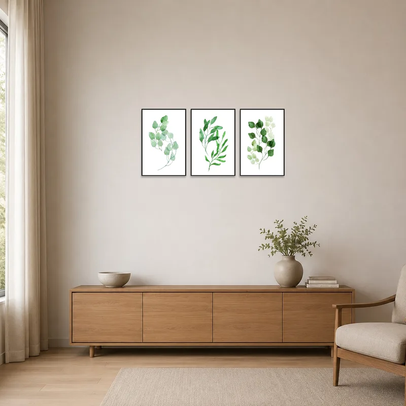 Botanical triptych enhances the calm of a minimalist space.