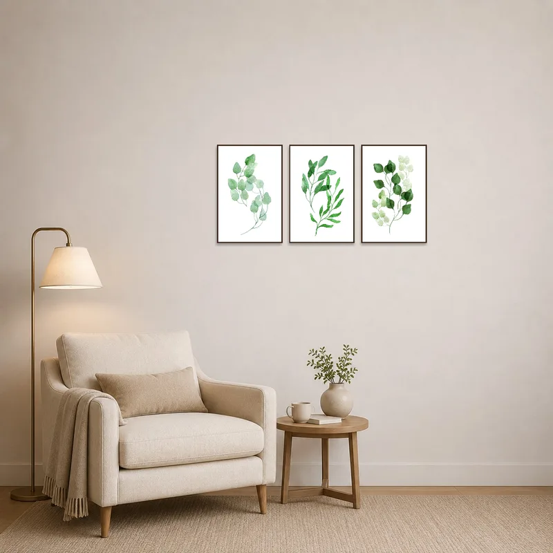 A soothing botanical triptych complements the cozy reading nook.