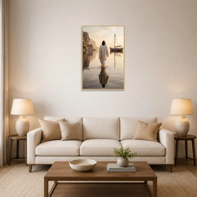 Sailing vessel artwork above a cozy living room sofa.