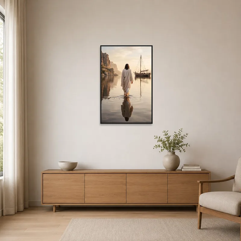 Waterscape art in a neat, minimalistic room setting.