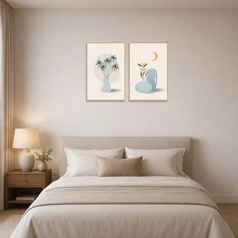 Botanical prints bring serenity to a bedroom wall above the headboard.