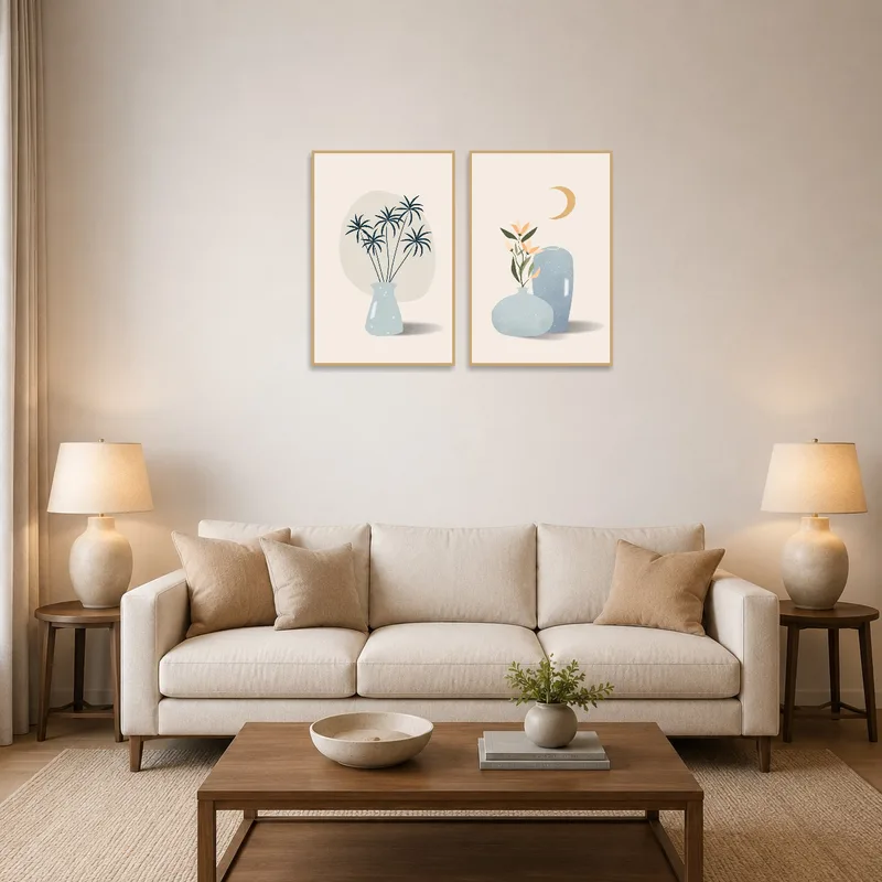 Minimalist botanical vase art prints on a living room wall above a modern sofa.