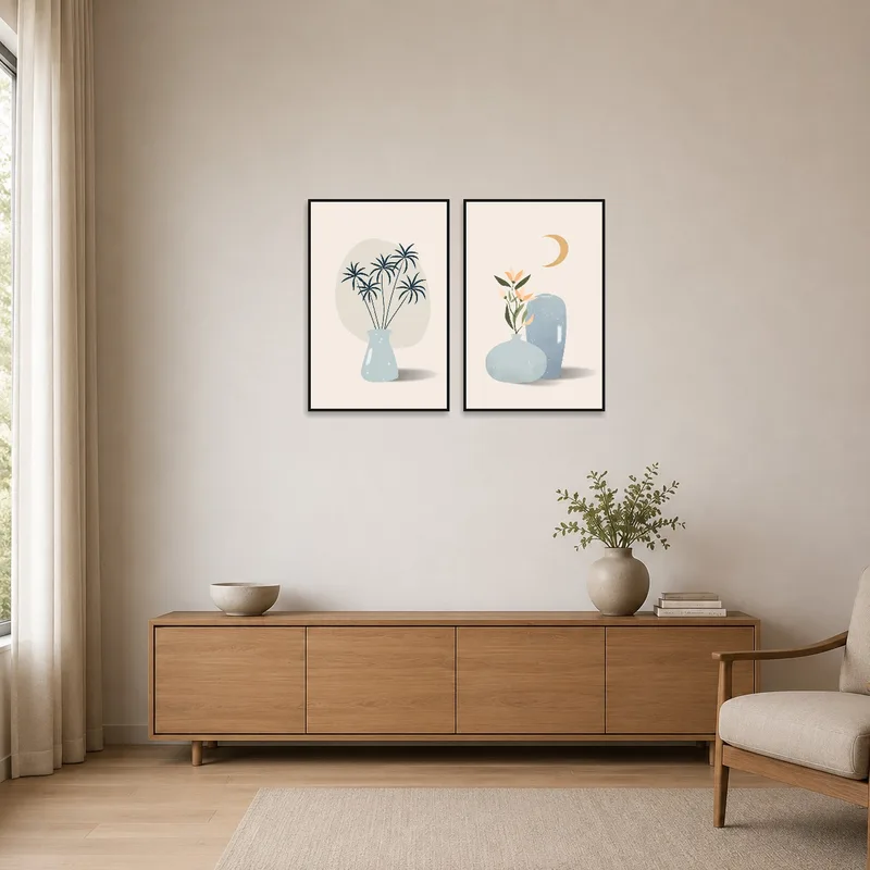 Artistic vase prints adding charm to a minimalist space with a monochrome theme.