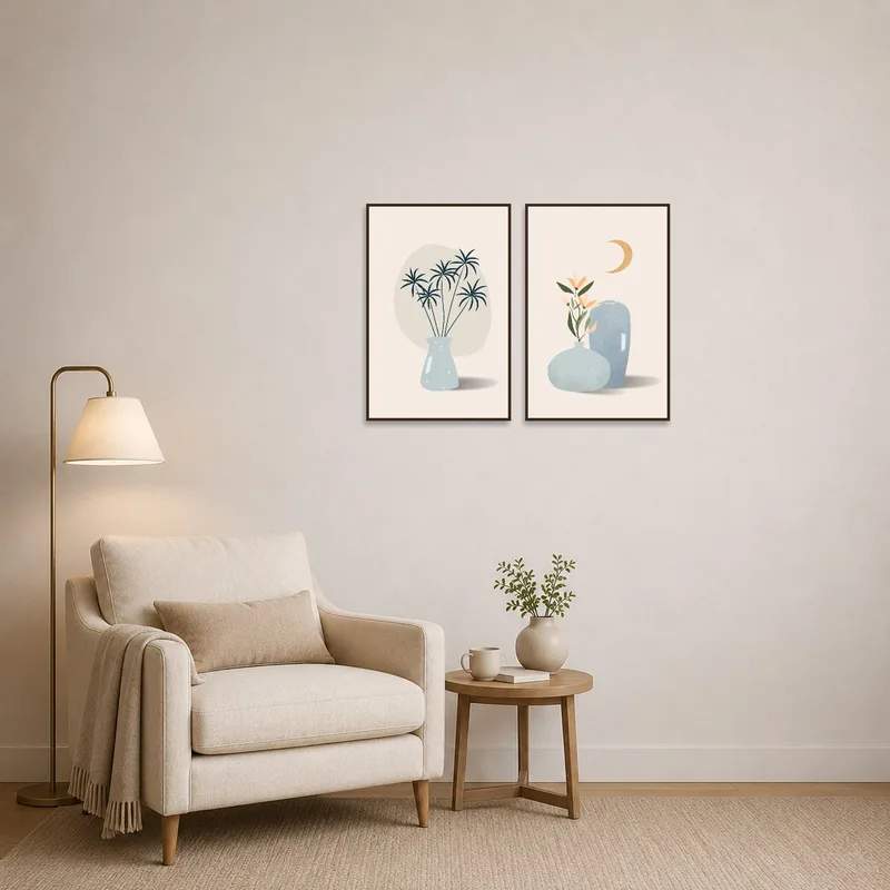 Vase art prints provide a calming touch to a cozy reading corner with soft lighting.