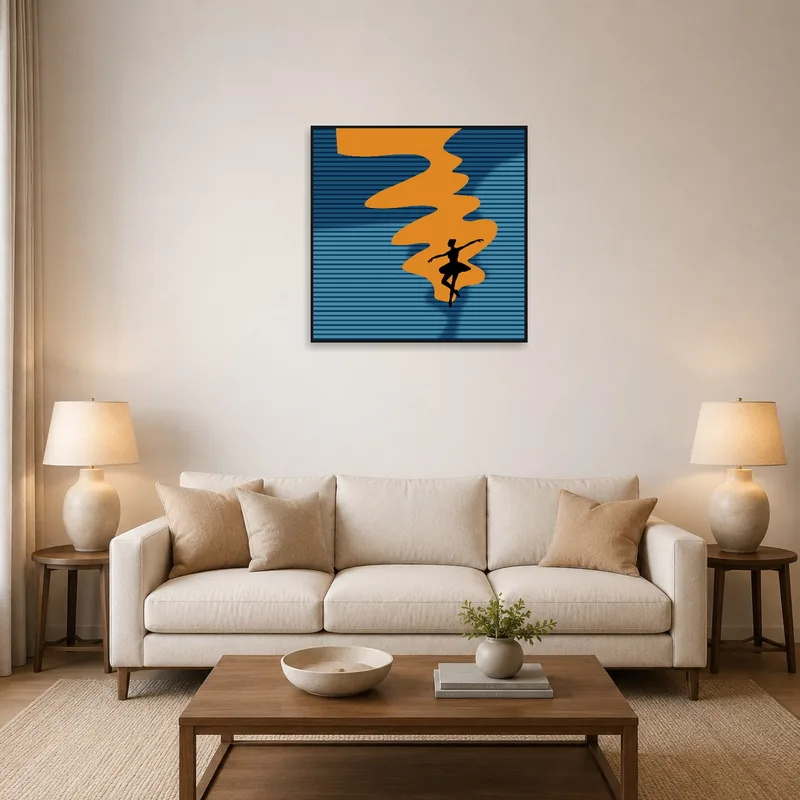 Silhouette Ballet Dancer artwork in a stylish living room above a modern sofa.