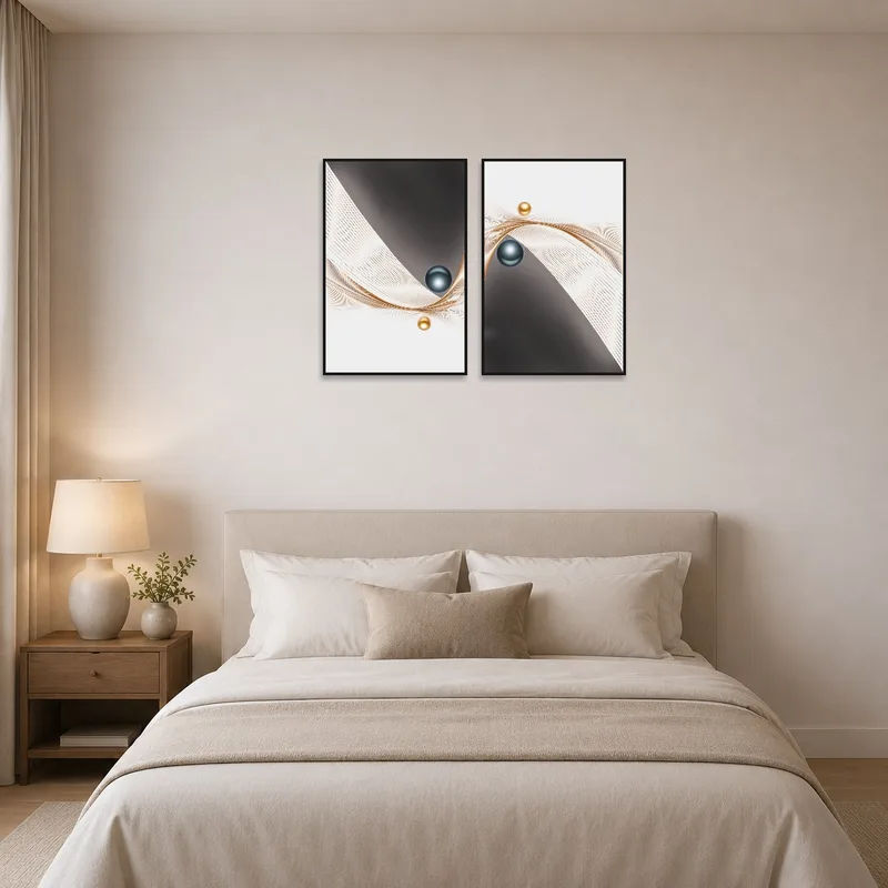 Abstract wave art set hung above a bed with neutral bedding.