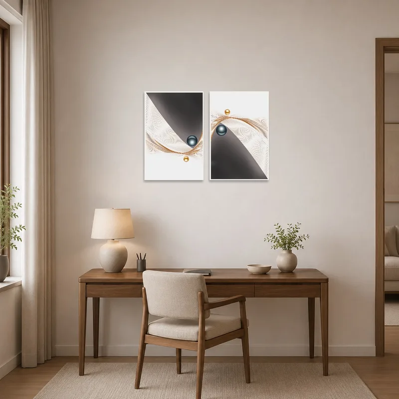 Abstract wave art set decorates the wall of a workspace with sleek furniture.