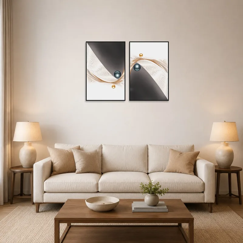 Abstract wave art set on wall above a modern sofa with accent pillows.