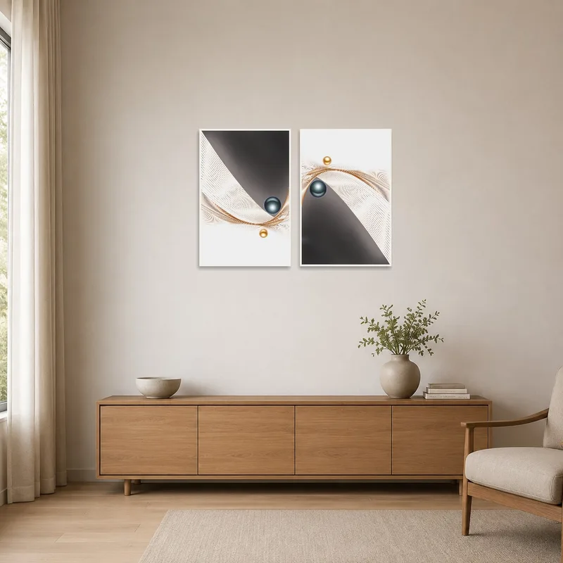 Abstract wave art set enhances a minimalist room with sleek, clean lines.