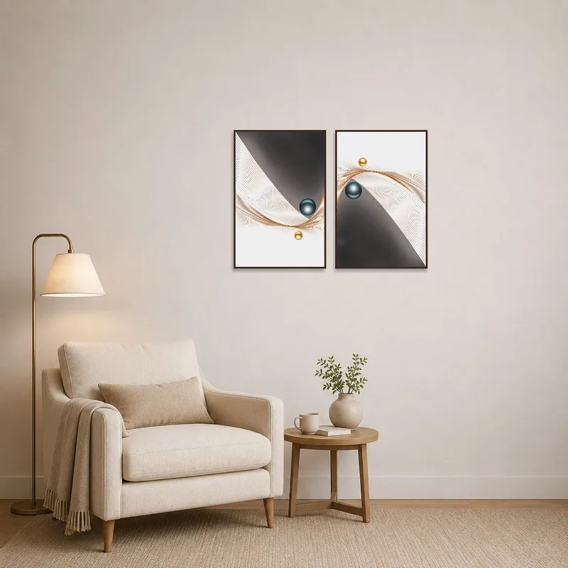 Abstract wave art set brings elegance to a cozy corner with a plush chair.