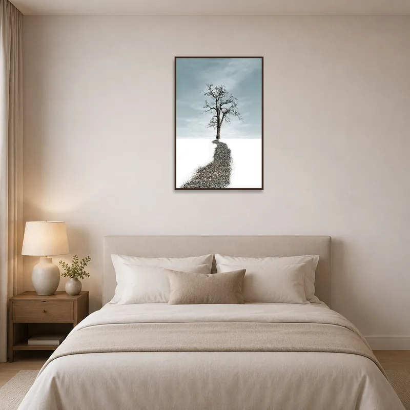 Solitary tree artwork bringing calm to a peaceful bedroom setting.