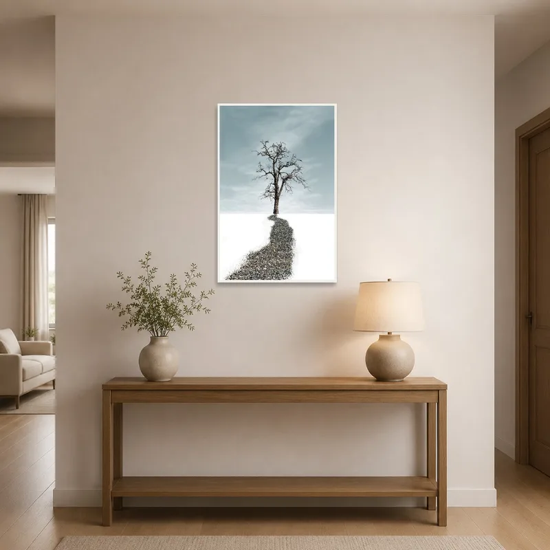 Solitary tree artwork welcoming guests in a stylish entrance hall.