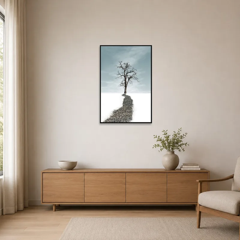 Solitary tree artwork enhancing a clean, open minimalist space.