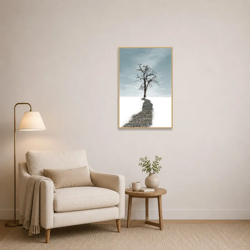 Solitary tree artwork adding tranquility to a serene reading corner.