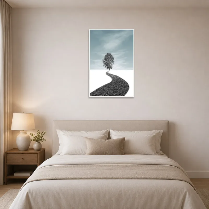 Winter tree scene creating a peaceful bedroom vibe.