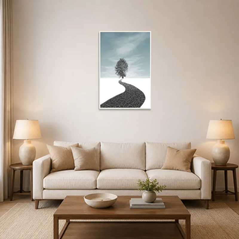 A serene tree on snow-covered pathway adding calm to the living room ambiance.