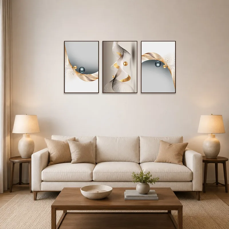 Abstract gold and silver triptych on a living room wall above a modern sofa.