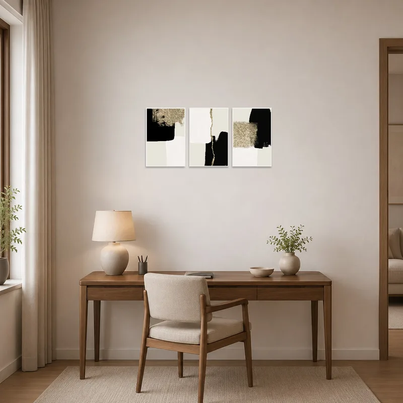 Abstract triptych inspiring creativity in a contemporary home office.