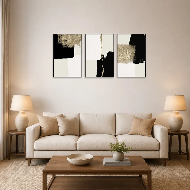 A modern abstract triptych adorning a living room wall above a sleek sofa.