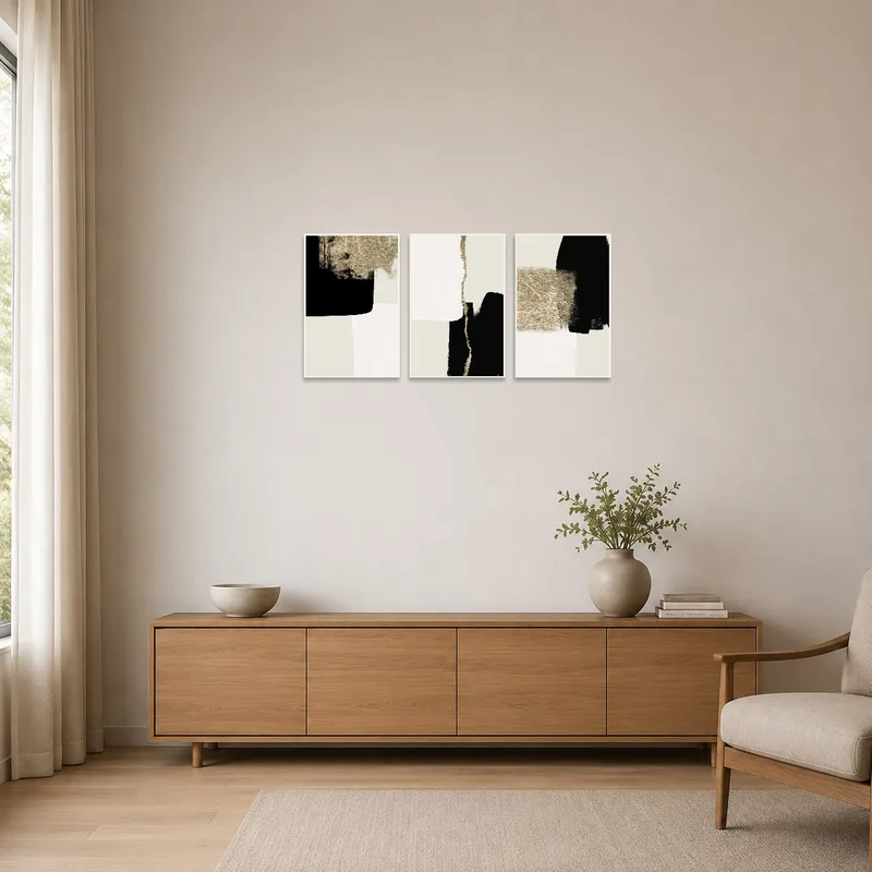 Abstract triptych complementing a minimalist room with clean lines and neutral tones.