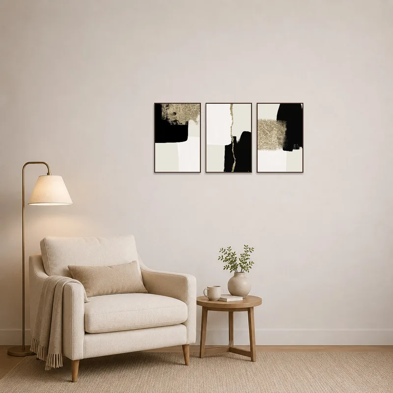 Abstract triptych adding a splash of color to a cozy reading corner.