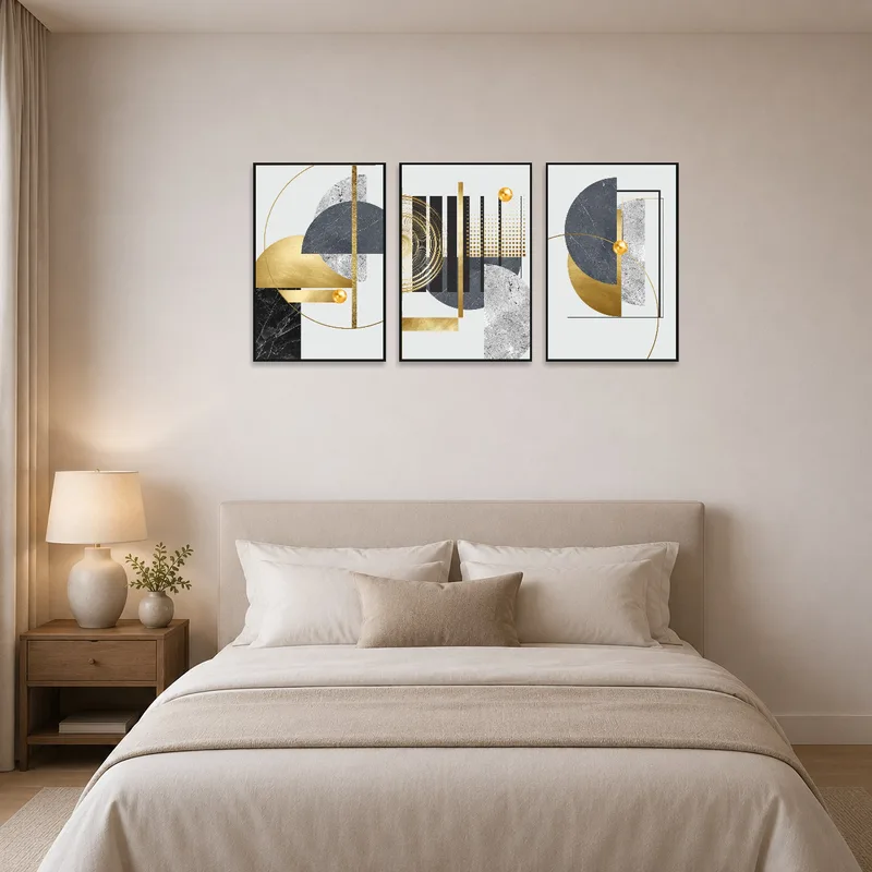 Bedroom showcasing a geometric triptych art set creating symmetry over the headboard.